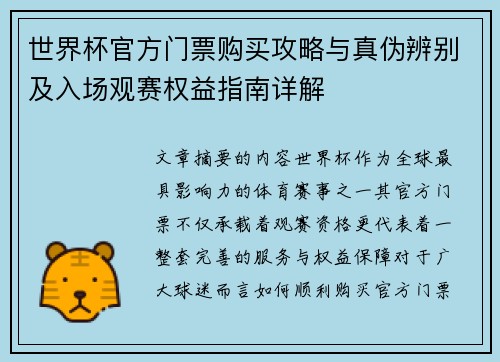 世界杯官方门票购买攻略与真伪辨别及入场观赛权益指南详解