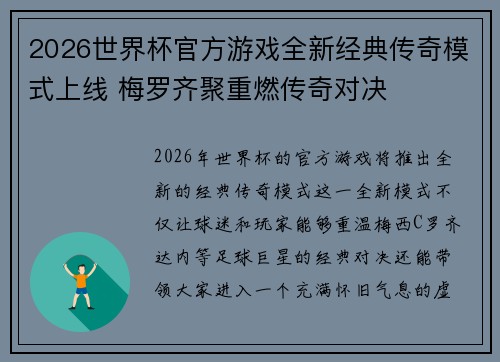 2026世界杯官方游戏全新经典传奇模式上线 梅罗齐聚重燃传奇对决